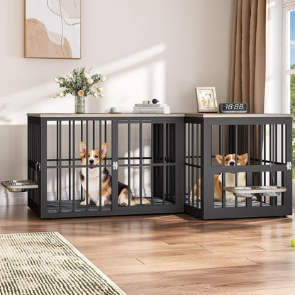 88.6" Large Corner Dog Crate Furniture for 2 Dogs, Large Wooden Dog Kennel with Dog Bowls & 3 Doors, Large Double Dog Crate Furniture TV Stand for Medium Large Dogs, Brown