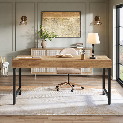 55" Industrial Executive Desk for Home Office, Rustic Simple Computer Laptop Desk with Strong Metal Legs, Study Writing Table Business Workstation, Small Conference Table
