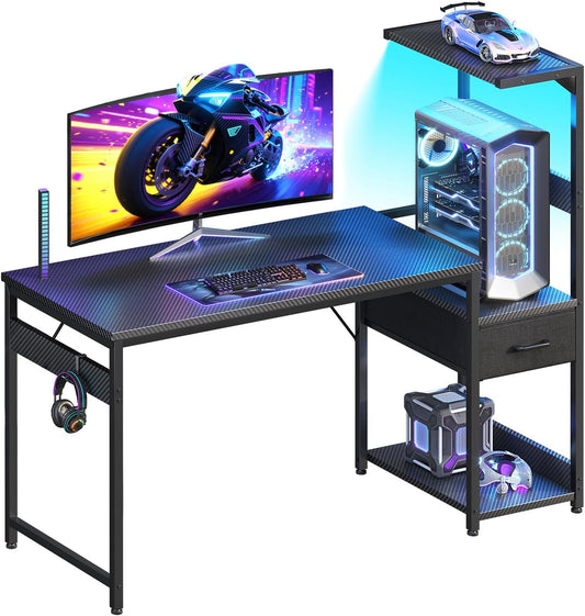 48 Inch Gaming Desk with Storage & LED Lights, Reversible Computer Desk with Display Shelves & Fabric Drawer, Modern Gamer Desk Table with Side Headphone Hook, Carbon Fiber Black