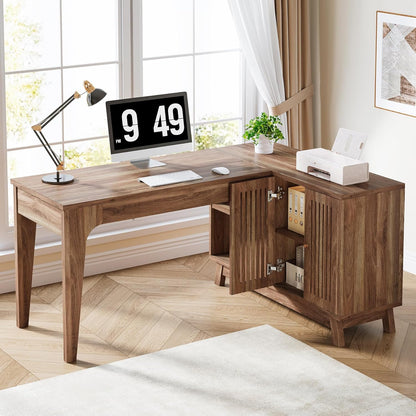 L-Shaped Desk with Storage Cabinet, 57-Inch Wood Corner Workstation, Home Office Computer Desk, Study Writing Table for Bedroom, Walnut