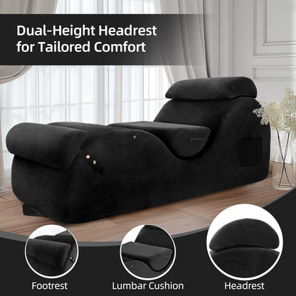 Chaise Lounge Chair for Yoga, Chaise Lounge with Headrest, Waist Pad, Foot Pad, Washable Cover Side Pockets Non-Slip Bottom, Yoga Chair for Relaxation Stretching (Black, Large)