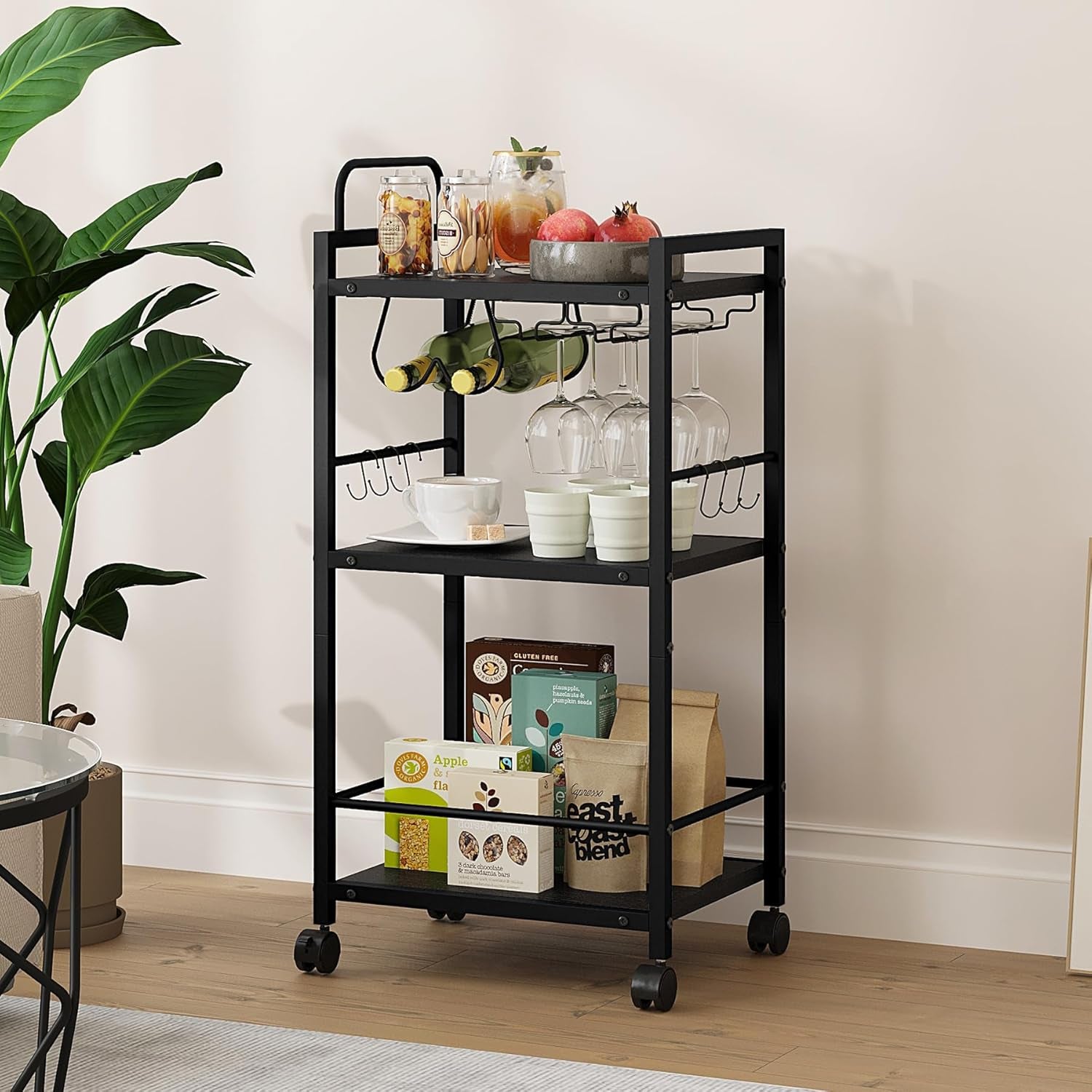 Bar Cart for the Home, 3 Tier Kitchen Carts with Wheels, Small Rolling Cart with Glass Holders, Wine Rack, Mini Bar Cart for Kitchen, Dining Room, Living Room, 13.0" D X 17.0" W X 33.8" H, Black