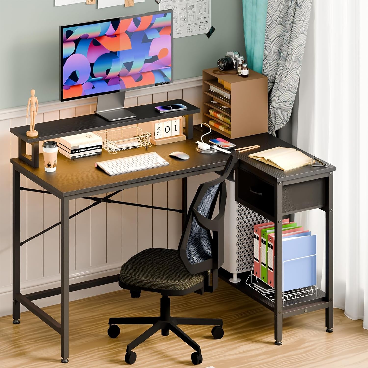 Gaming Desk for Bedroom L Shaped Small Corner Computer Desk with Power Outlets and LED Lights, PC Desk, Home Office Desks with Drawer, Writing Desk Study Desk, Black