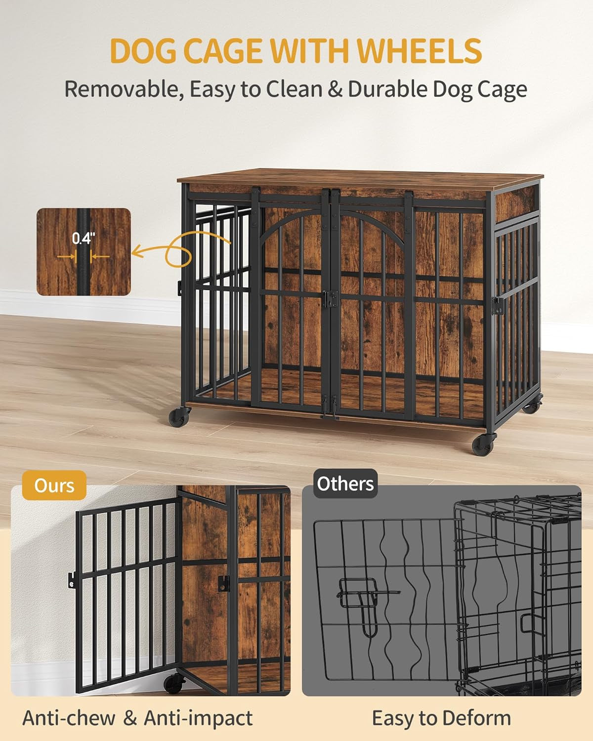 37.4" Dog Crate Furniture with Wheels, Wooden Pet Cage Indoor with Barn Door, L Dog Kennel Heavy Duty, Decorative Pet Crate for Small/Medium Dogs, End Table TV Stand, Rustic Brown DFC86201B