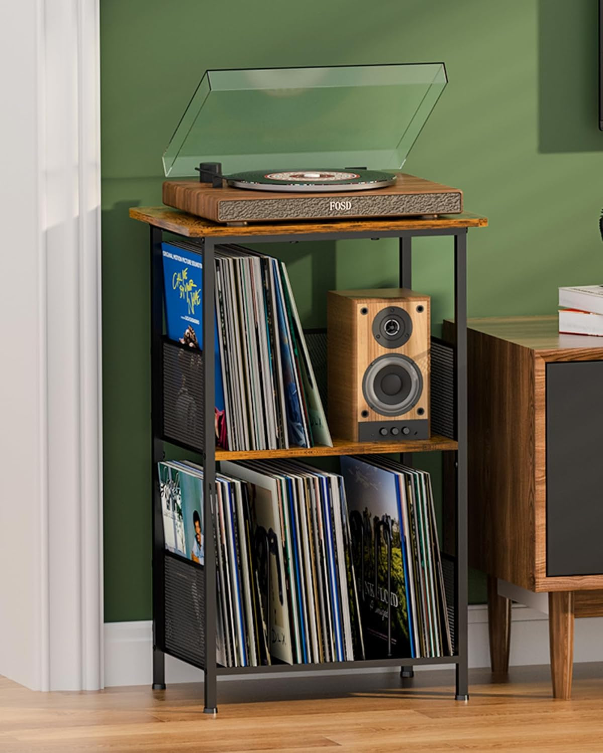 Vinyl Record Player Stand for 200 Albums - Solid Wood Turntable Table with Extended Desktop, Space-Saving LP Holder Cabinet for Living Room, Bedroom & Home Office