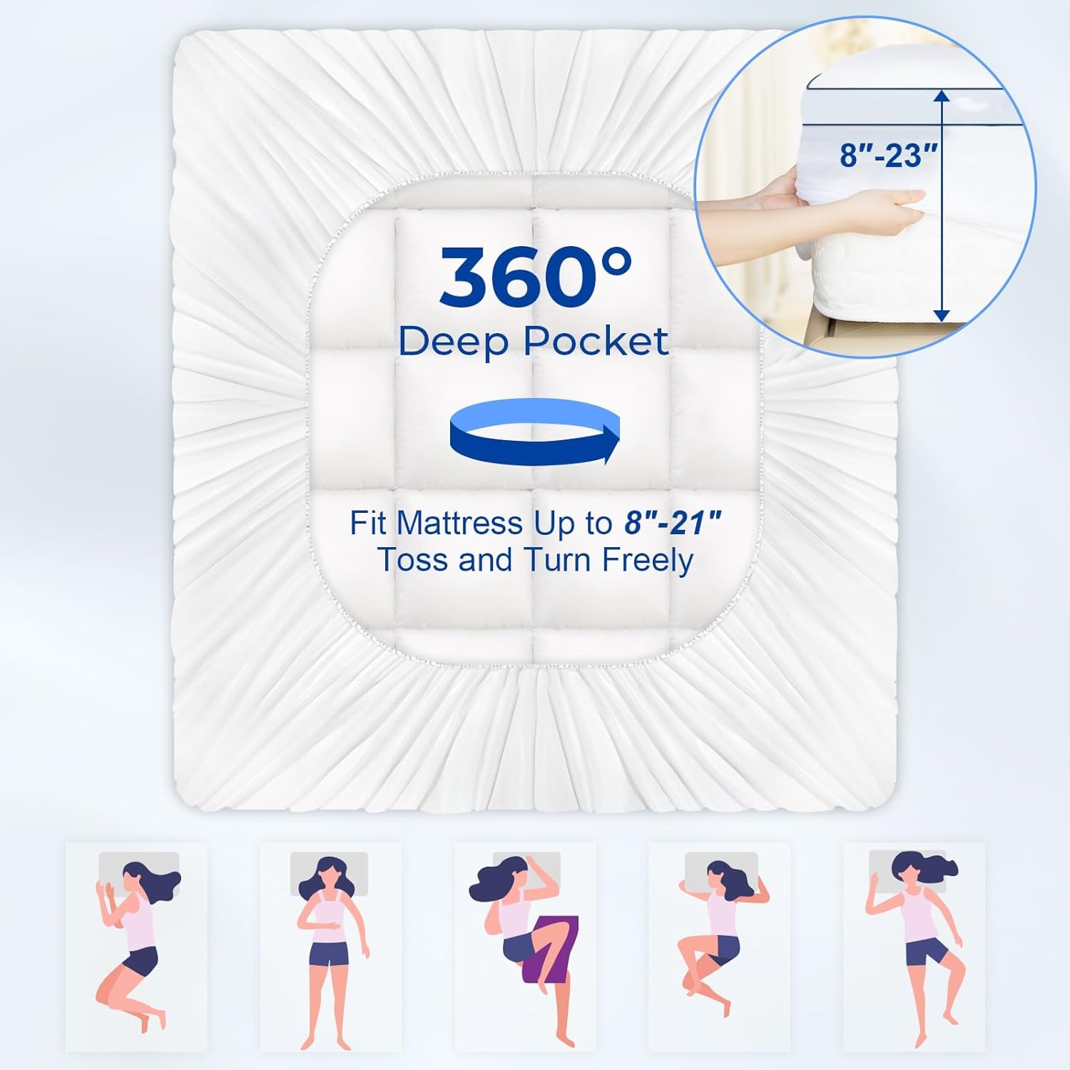 Full Mattress Topper,Extra Thick Mattress Pad Cover for Deep Sleep,3D+7D Snow down Alternative Fill Overfilled Plush Pillow Top with 8-23 Inch Deep Pocket-White