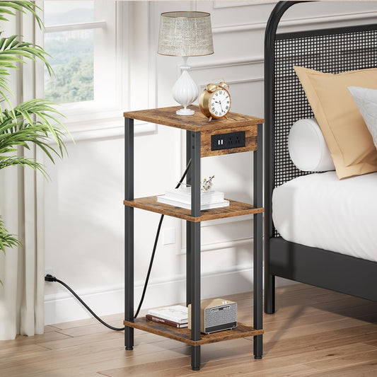 Side Table with Charging Station, Tall End Tables Living Room, 30 Inch Skinny Night Stand with Storage, Small Bedside Tables for Bedroom, Office, Dorm, Hallway, Rustic Brown