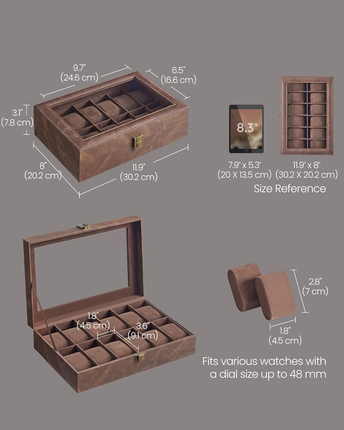 Watch Box, 12-Slot Watch Case Organizer with Large Glass Lid, Removable Pillows, Gift for Loved Ones, Coffee Brown Synthetic Leather, Coffee Brown Lining UJWB120KQ01S
