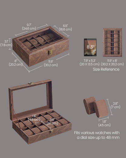 Watch Box, 12-Slot Watch Case Organizer with Large Glass Lid, Removable Pillows, Gift for Loved Ones, Coffee Brown Synthetic Leather, Coffee Brown Lining UJWB120KQ01S