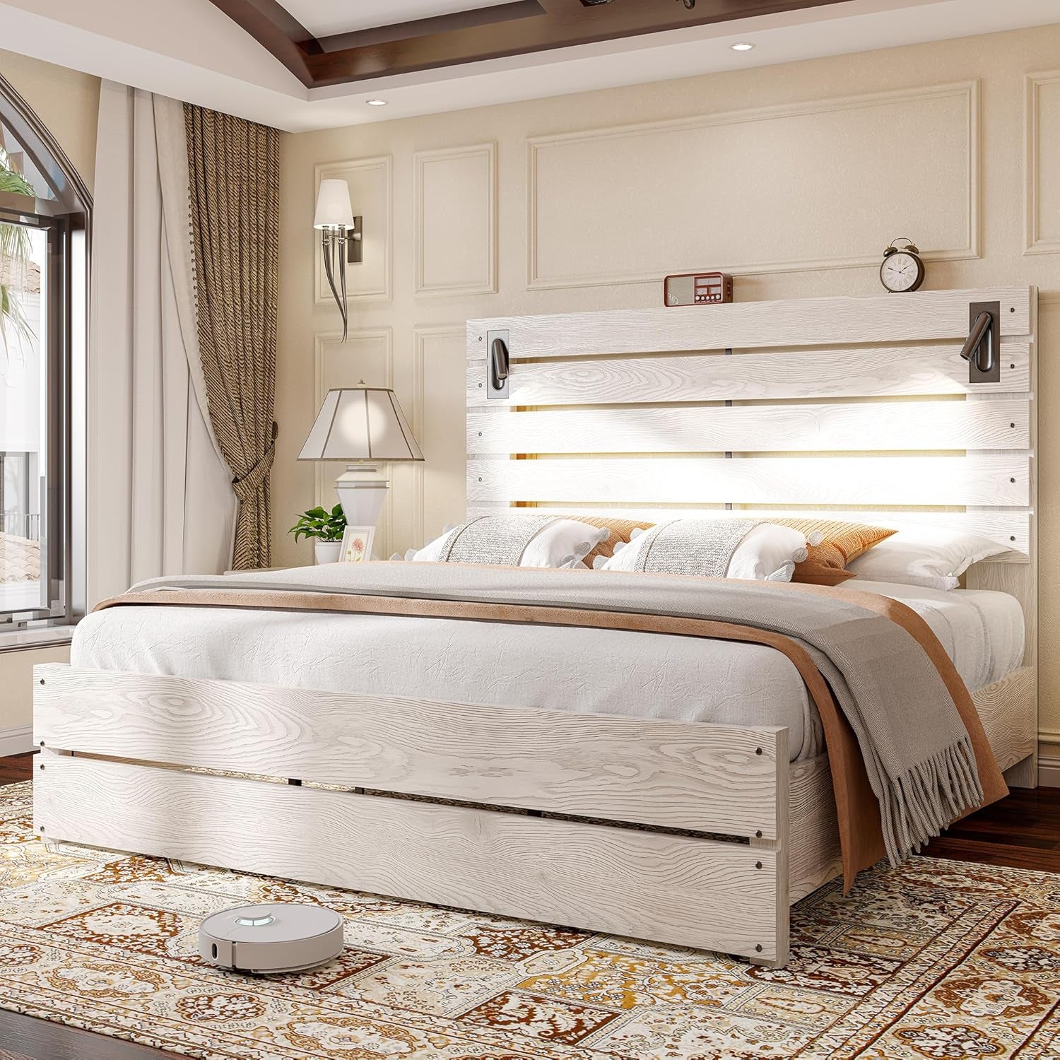 King Size Farmhouse Bed Frame with 51" Headboard, LED Lights, Rustic Wood Look, No Box Spring Needed, Ash White