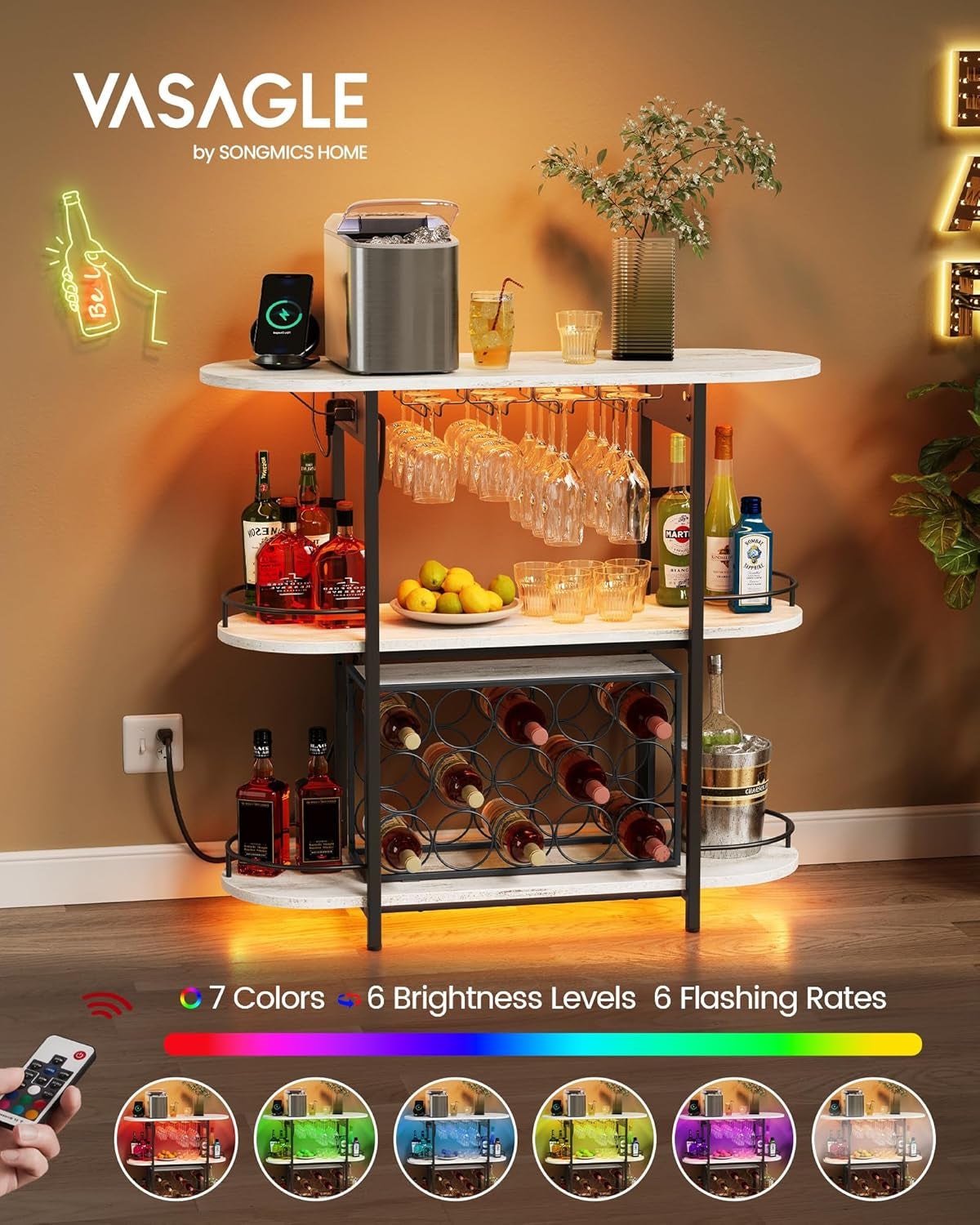 Bar Cabinets for Home, LED Coffee Bar with Power Outlets, Home Mini Bar for Liquor, Freestanding Wine Rack with Glass Holder, Kitchen, Dining Room, Rustic White ULWR007W01