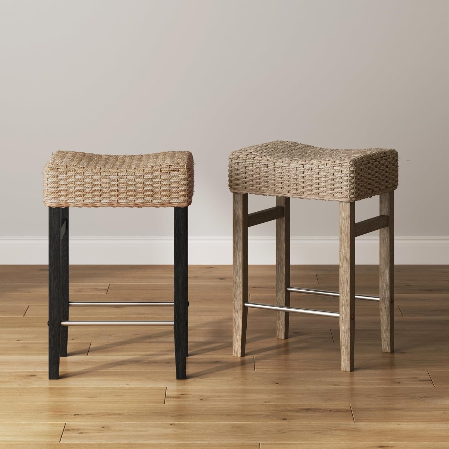 Harvey Rattan Bar Stool, Bohemian Counter Height Stool with Woven Seagrass Seat, Solid Wood Legs, and Metal Footrest Seagrass/Brushed Black