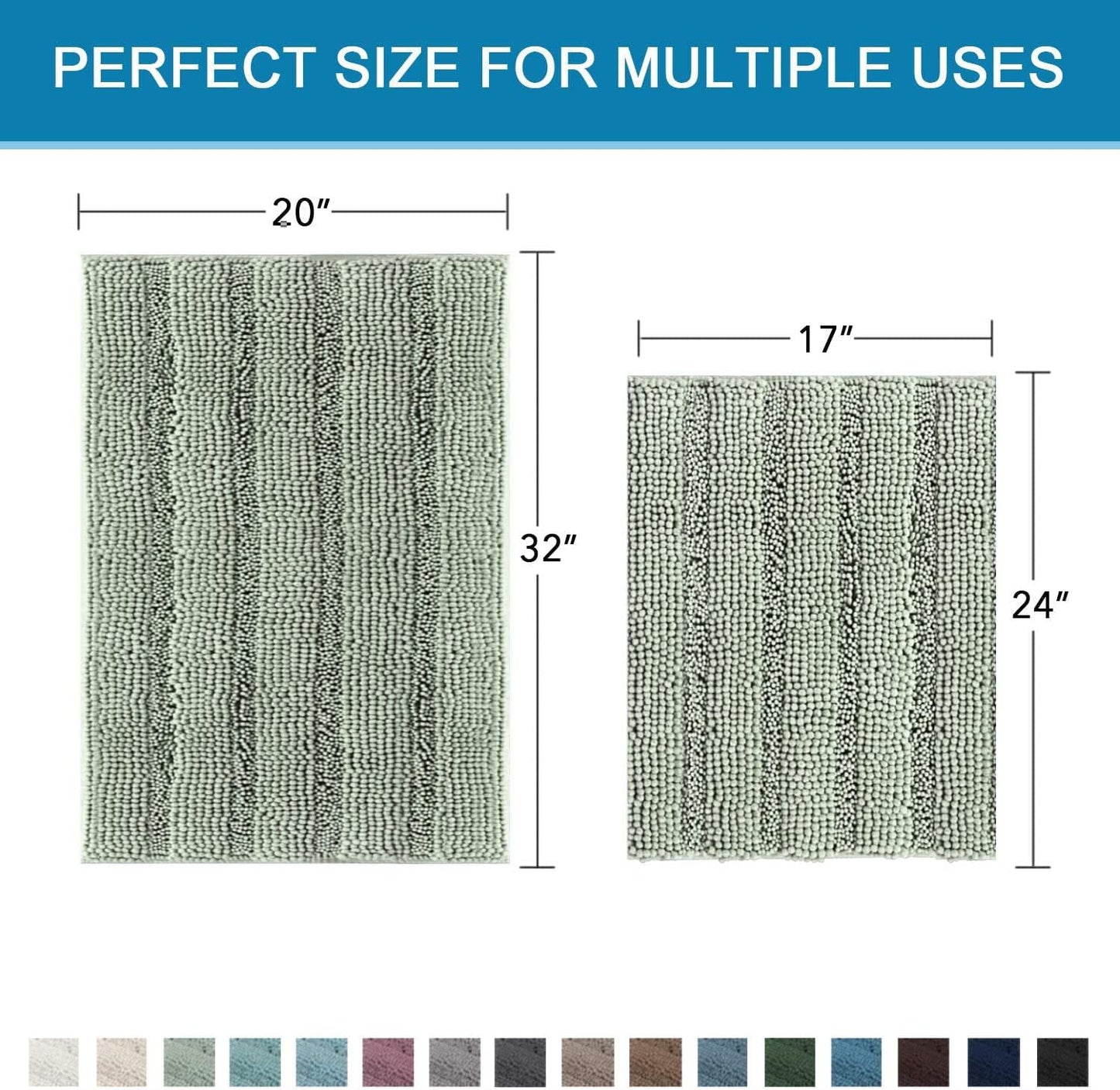 Sage Bathroom Rugs, Bath Mat Set of 2 Extra Thick Chenille Striped Pattern Shaggy Bath Rugs for Bath Room, Non Skid Bath Mats for Bathroom Floor (32 X 20 plus 24 X 17 - Inches)