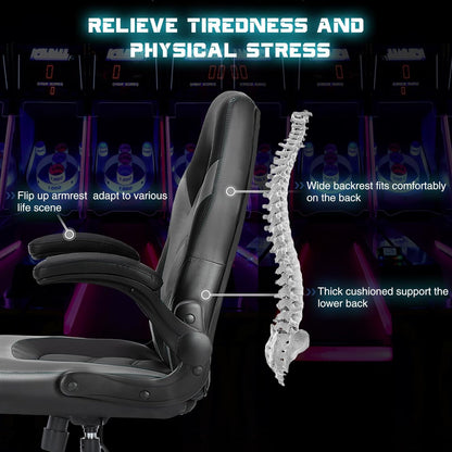 Ergonomic Computer Gaming Chair - Home Office Desk with PU Leather Lumbar Support, Height Adjustable Big and Tall Video Game with Flip-Up Armrest, Swivel Wheels for Adults and Teens