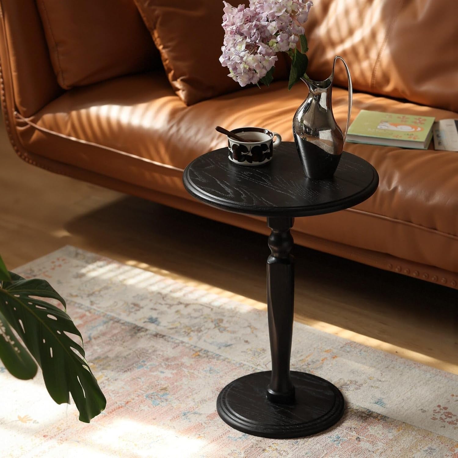 100% Solid Oak round Pedestal Side Table for Living Rooms, Small Drink Tables for Small Spaces, Tall End Table for Bedroom, Corners, and Nursery (Black, 15.75" D X 21.26" H)