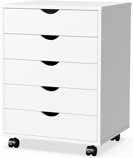 5 Drawer Chest, Storage Cabinet Dressers with Wheels, Dressers Storage Cabinets, Dresser Mobile Cabinet with Wheels, Room Organizer, Drawers Wood Organization Furniture for Office, Home, White