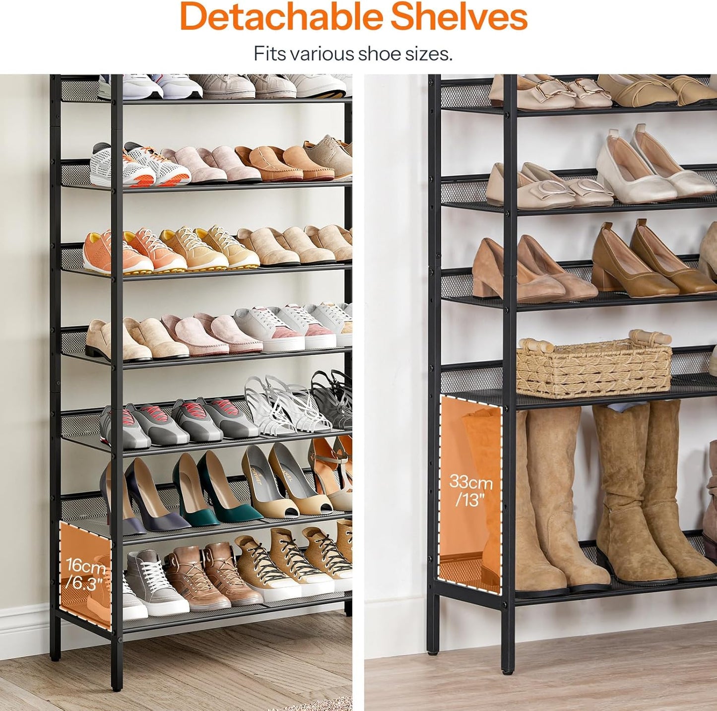 Shoe Rack for Entryway, 8-Tier Shoe Shelf, Large Capacity Shoe Storage Organizer for 32-40 Pairs of Shoes, Front Door Entrance, Hallway, Closet, Space Saver, Rustic Brown and Black BF118XJ01