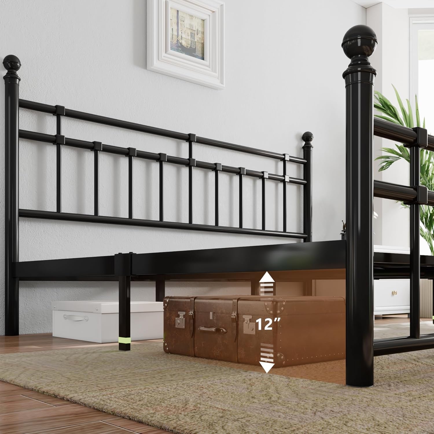 King Metal Bed Frame with Vintage Headboard and Footboard, Farmhouse King Size Bed Frame, under Bed Storage, No Box Spring Needed, Noise-Free, Black