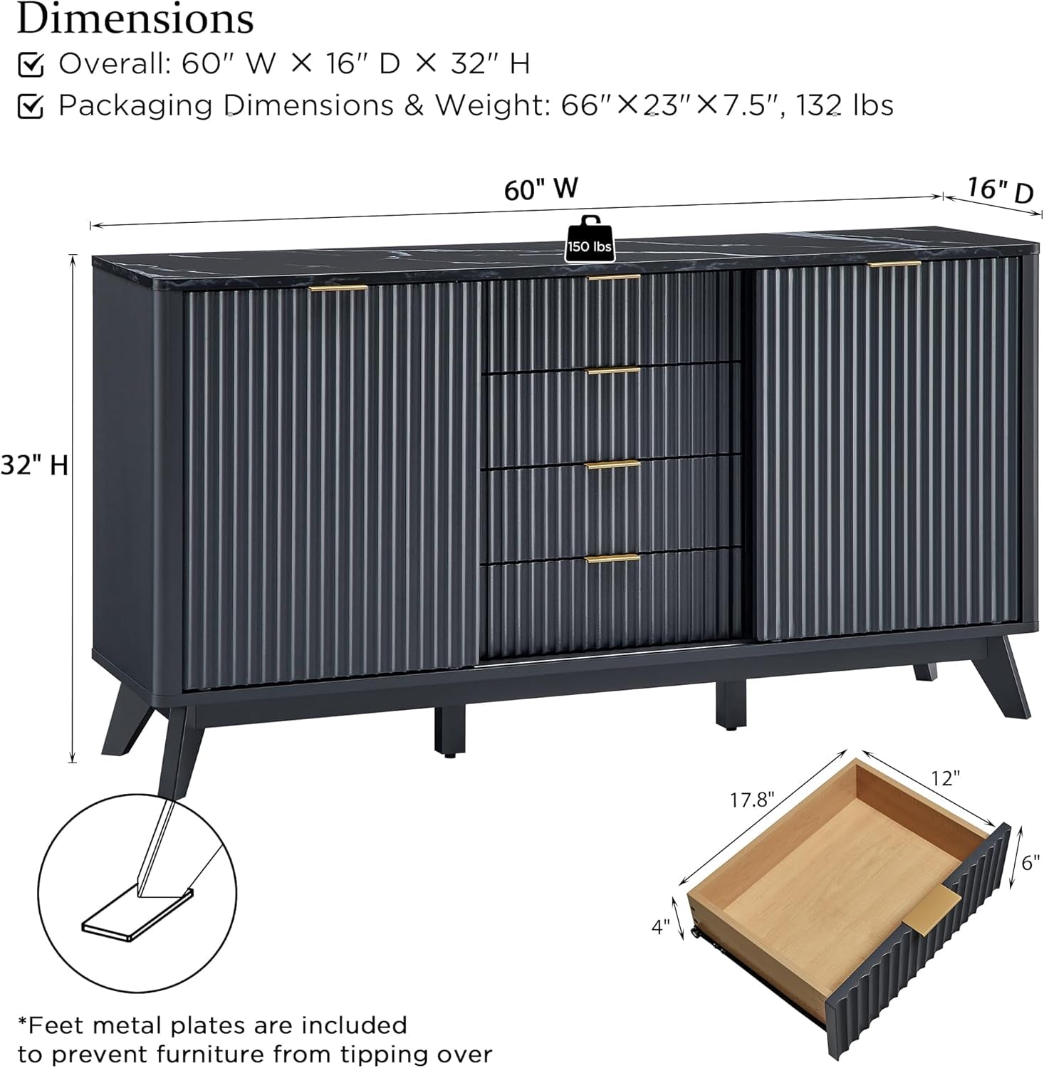 Fluted Buffet Cabinet, 60" Modern Sideboard with Sliding Doors & 4 Drawers, Coffee Bar Table with Storage, Faux Marble Top and Curved Profile Design for Dining Room, Living Room, Dark Grey