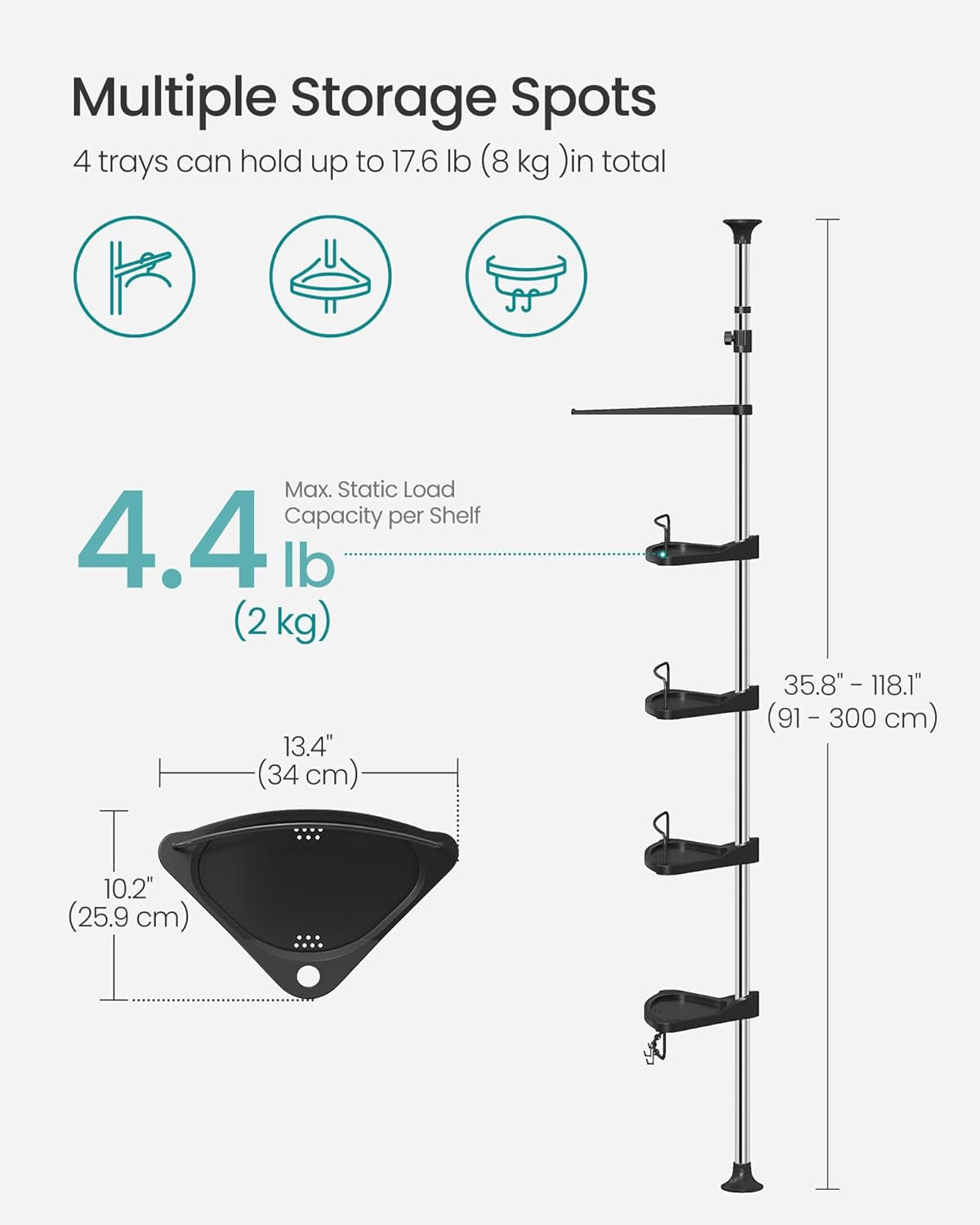 Corner Shower Caddy Tension Pole, 4-Tier Rust-Resistant Shower Organizer, Shower Shelf, Drill-Free, 35.8 to 118.1 Inches, Height Adjustable Trays, for Bathroom, Ink Black UBCB008B01