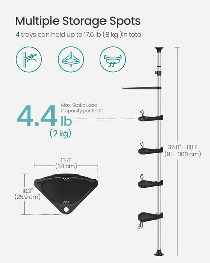 Corner Shower Caddy Tension Pole, 4-Tier Rust-Resistant Shower Organizer, Shower Shelf, Drill-Free, 35.8 to 118.1 Inches, Height Adjustable Trays, for Bathroom, Ink Black UBCB008B01