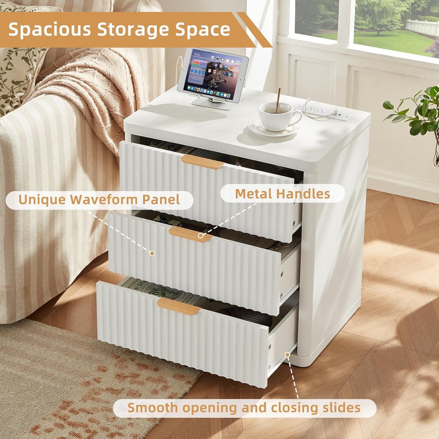 23" Wide Fluted Farmhouse Night Stand Set of 2 with Charging Station, 3 Drawers Large End Table W/Metal Handle,White Nightstand Bedside Table,Wood Dresser for Bedroom, Closet