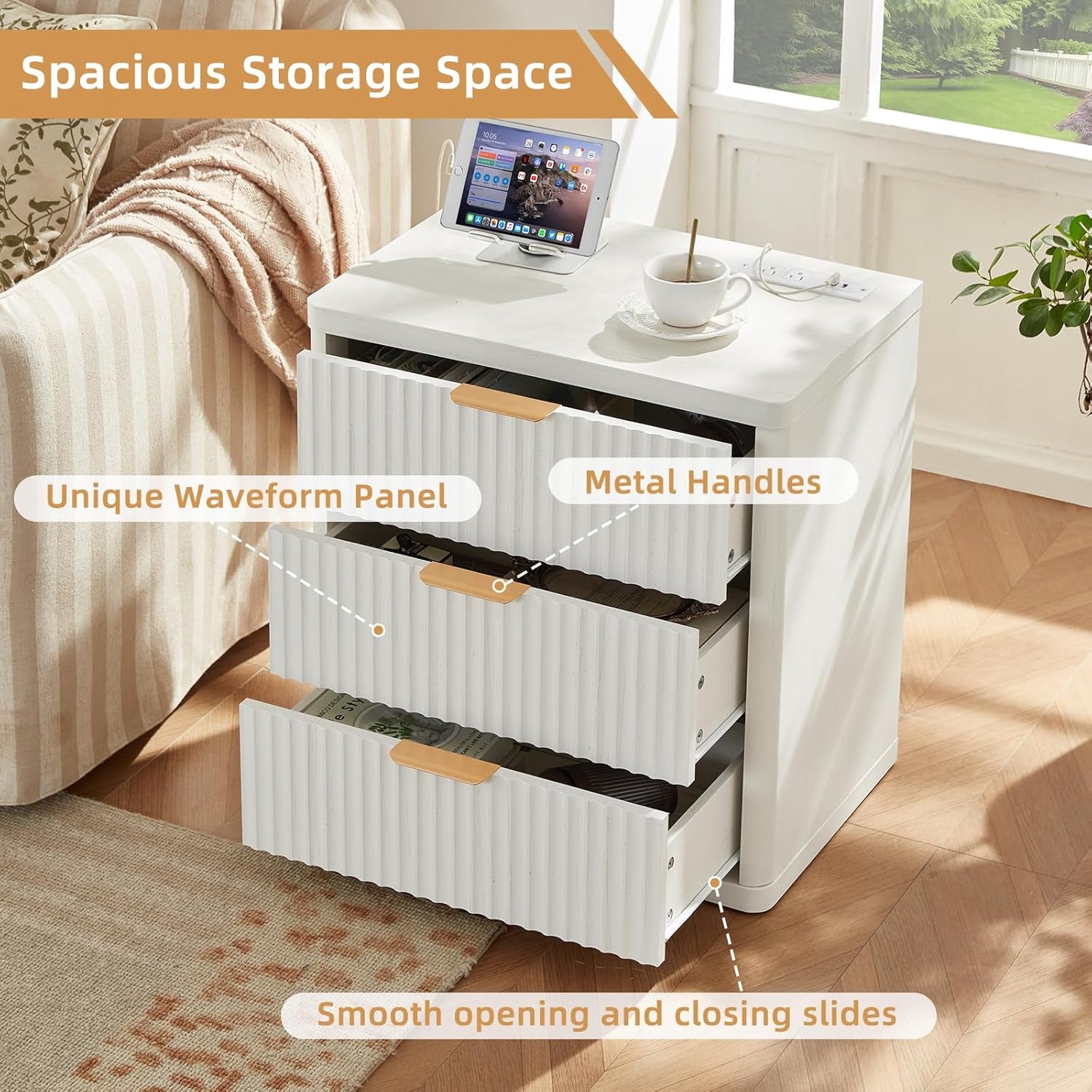 23" Wide Fluted Farmhouse Night Stand Set of 2 with Charging Station, 3 Drawers Large End Table W/Metal Handle,White Nightstand Bedside Table,Wood Dresser for Bedroom, Closet