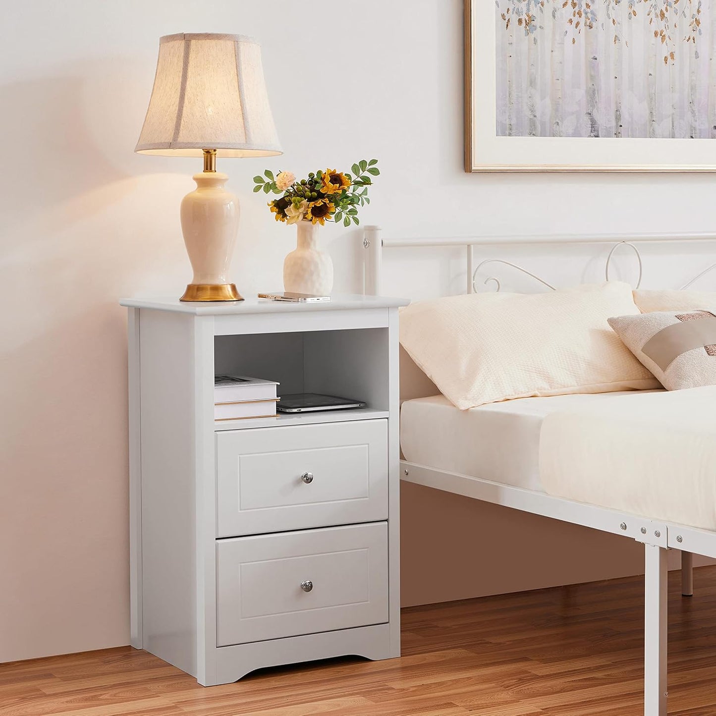 Nightstand with 2 Drawer and 1 Open Shelf, 29" Tall Bedside Table Wooden Flie Cabinet Telephone Table Bed Side Table with Storage for Bedroom White