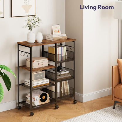 Kitchen Island Cart on Wheels - 4 Tier Rolling Kitchen Table Cart with Storage Shelves, 6 Removable Hooks& Locking Casters, Coffee Bar Cabinet for Dining Room Pantry Office, Espresso