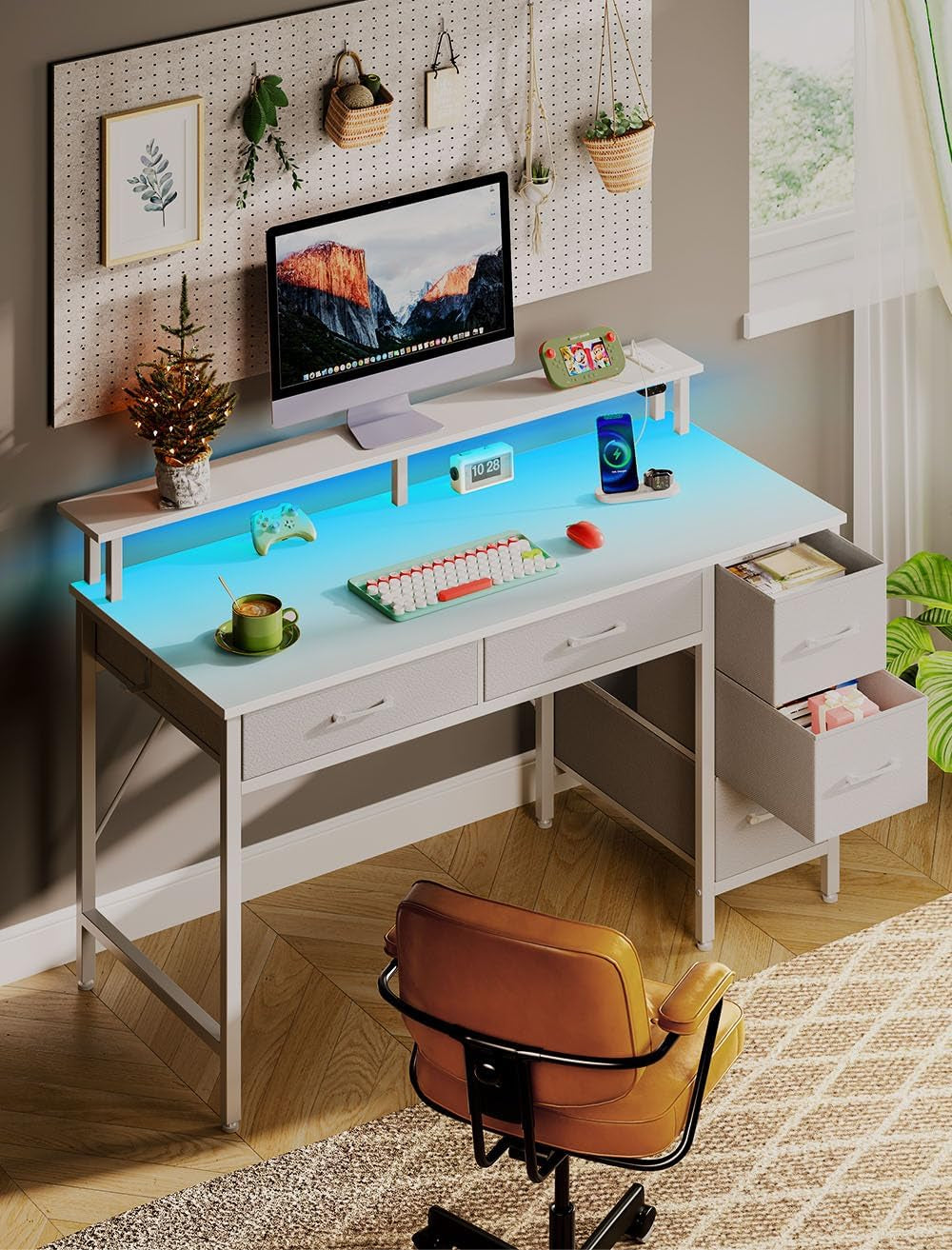 Computer Desk with Power Outlets & LED Light, 39 Inch Home Office Desk with 5 Drawers, Writing Desk with Monitor Stand, Work Desk for Home Office, White