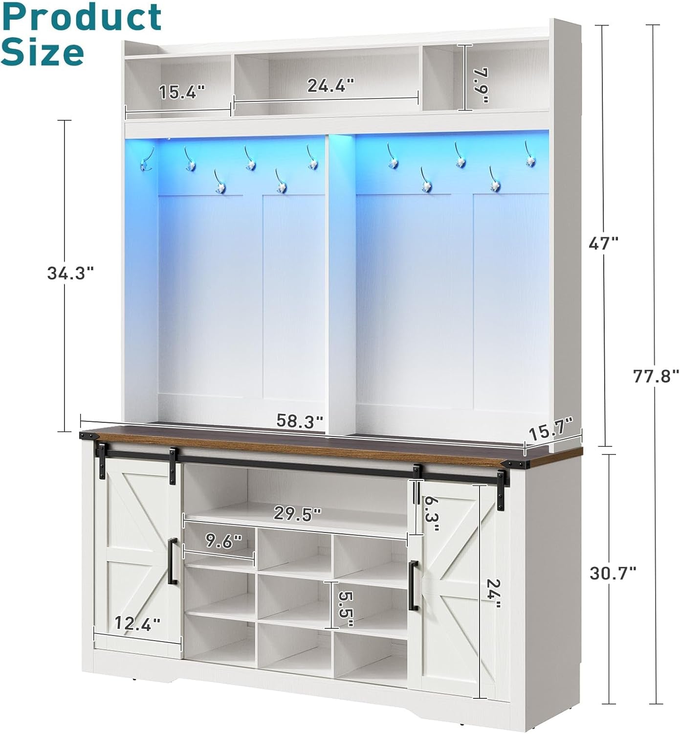 58" Farmhouse Hall Tree with Bench and Shoe Storage, 5-In-1 Entryway Bench with Coat Rack, 9 Shoe Cubbies & 12 Hooks, Led Lights and Adjustable Shelves & Barn Doors, Entryway Storage, White and Walnut