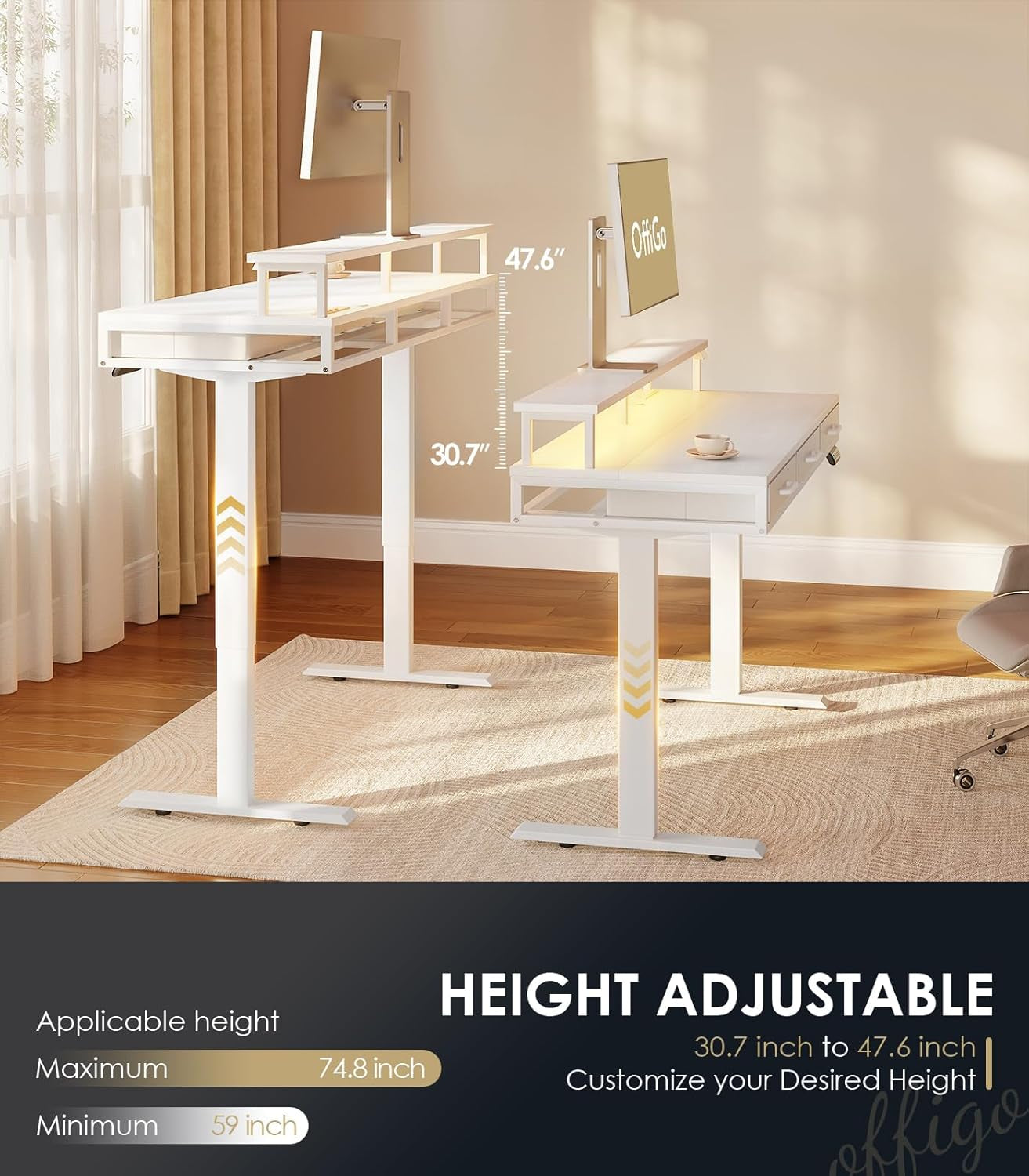 Electric Standing Desk with Drawers, 55 Inch Height Adjustable Desk with Power Outlets & LED Lights, Sit Stand Table with Monitor Stand for Home, Office, Workstation, White