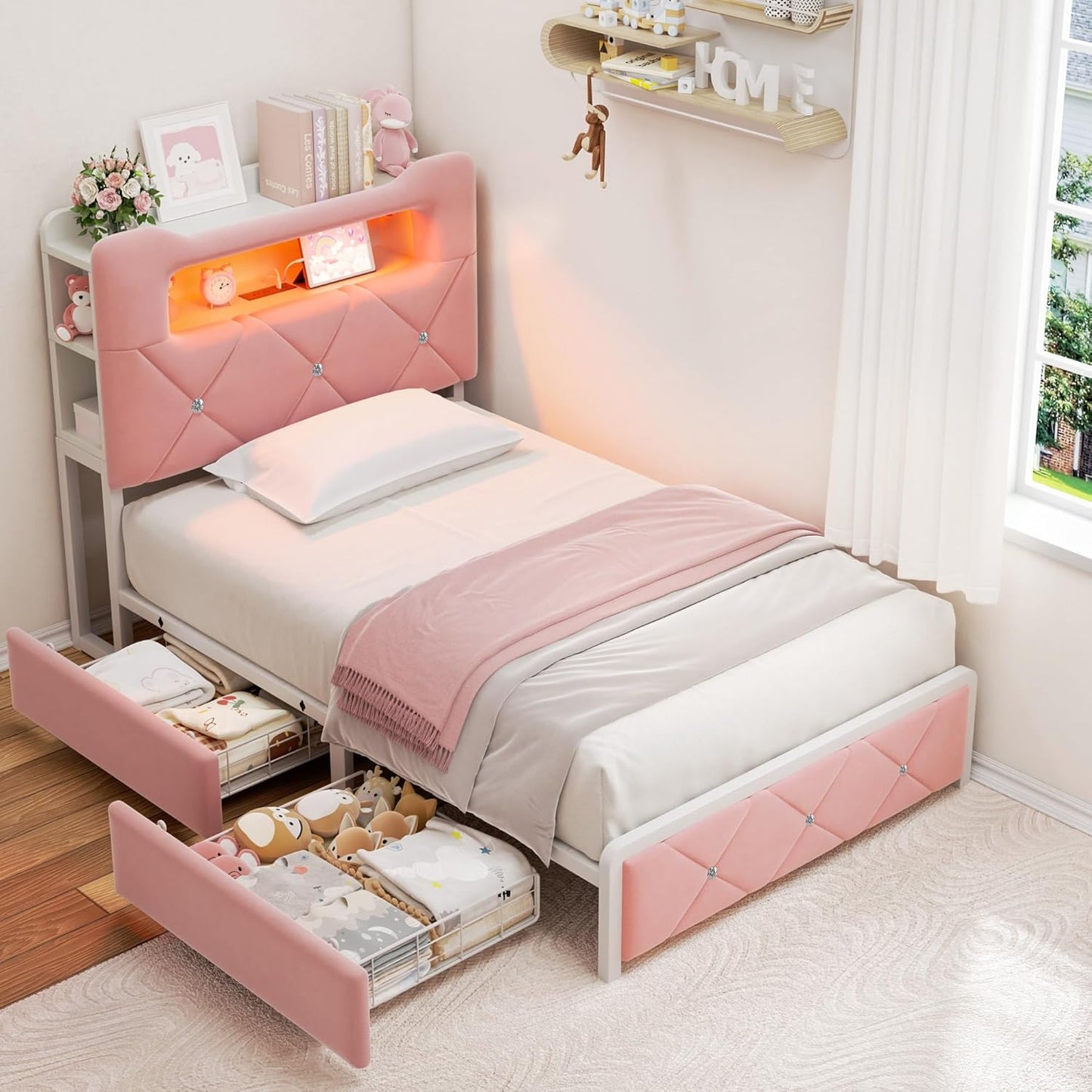 Twin Upholstered LED Bed Frame with 2 Storage Drawers and 2-Tier Storage Bookcase Headboard, Velvet Princess Platform Bed for Kids/Girls/Boys, Corner Bed Frame, Heavy Duty Metal Support, Pink