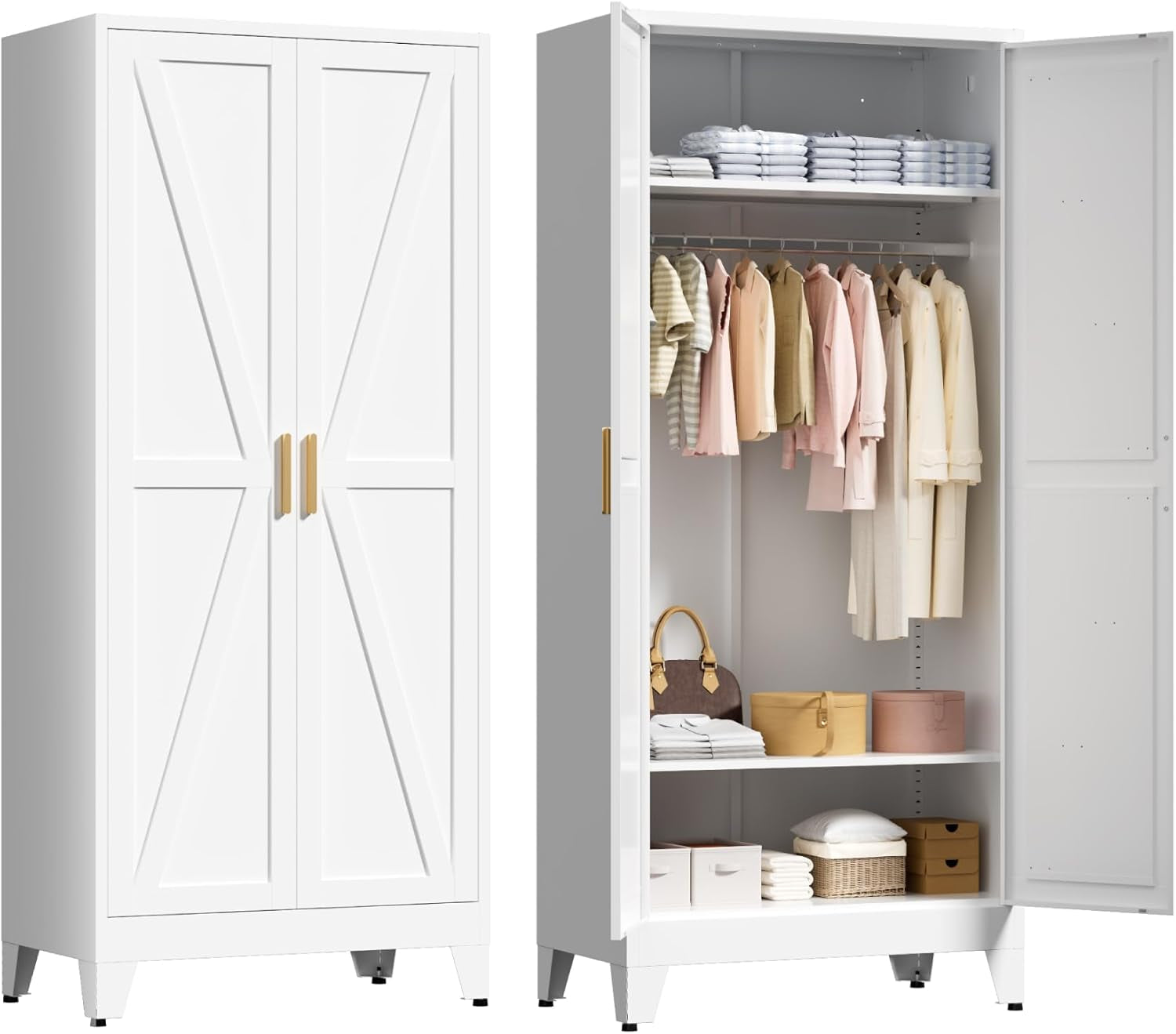 71" Tall Metal Wardrobe Closet with Adjustable Shelves and Hanging Rod, 2 Doors Free Standing Armoire Wardrobe Cabinet for Bedroom, Office, Laundry Room, White