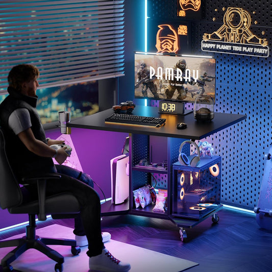 Small Rolling Gaming Desk with Led Lights Power Outlets and Storage Pegboard, Small Spaces Compact PC Computer Table Balck