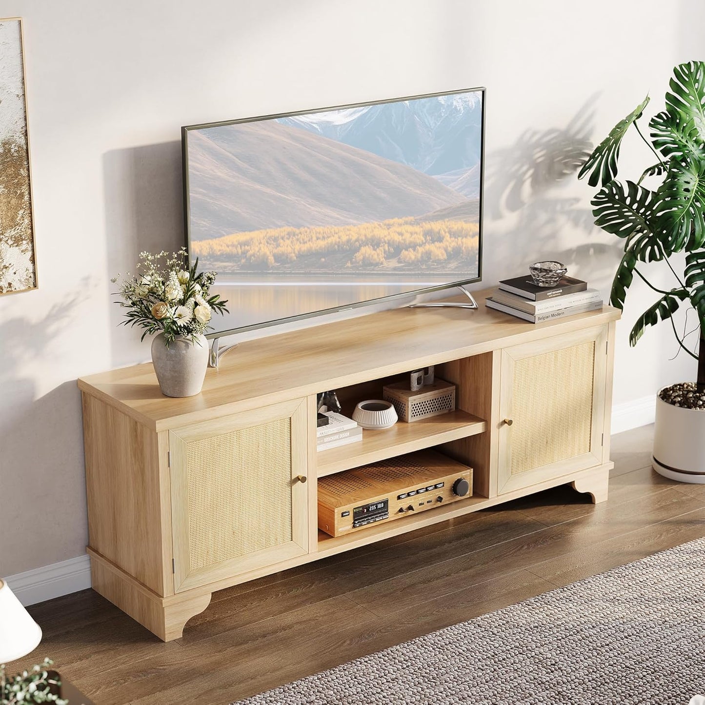 Rattan TV Stand for Living Room, Boho Entertainment Center for 55, 65, 70 Inch TV, Wooden Console Cabinet with Storage and Shelf, Natural Oak