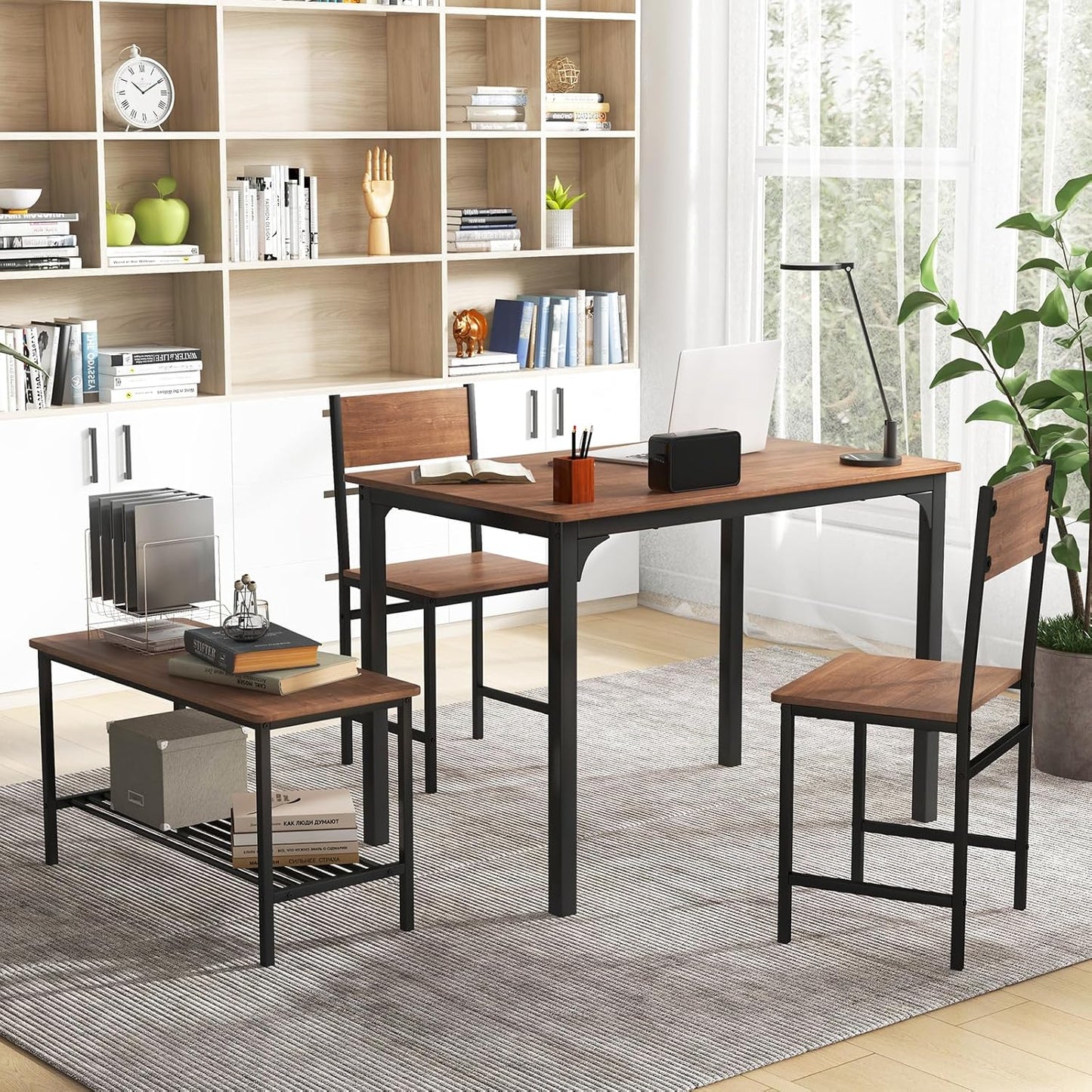 Dining Table Set for 4, 43" Kitchen Table and Chairs, Dining Bench with Metal Frame & Storage Rack, 4-Piece Modern Functional Desk Set for Dinette, Small Space, Apartment, Restaurant, Walnut