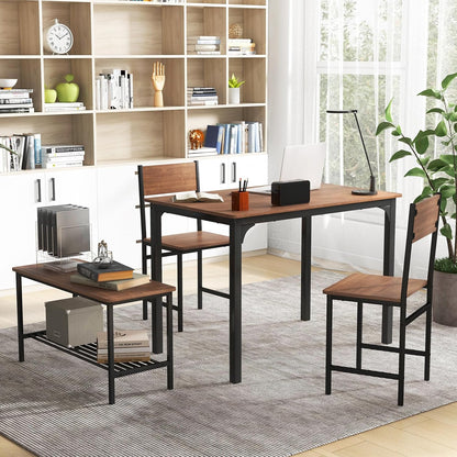Dining Table Set for 4, 43" Kitchen Table and Chairs, Dining Bench with Metal Frame & Storage Rack, 4-Piece Modern Functional Desk Set for Dinette, Small Space, Apartment, Restaurant, Walnut
