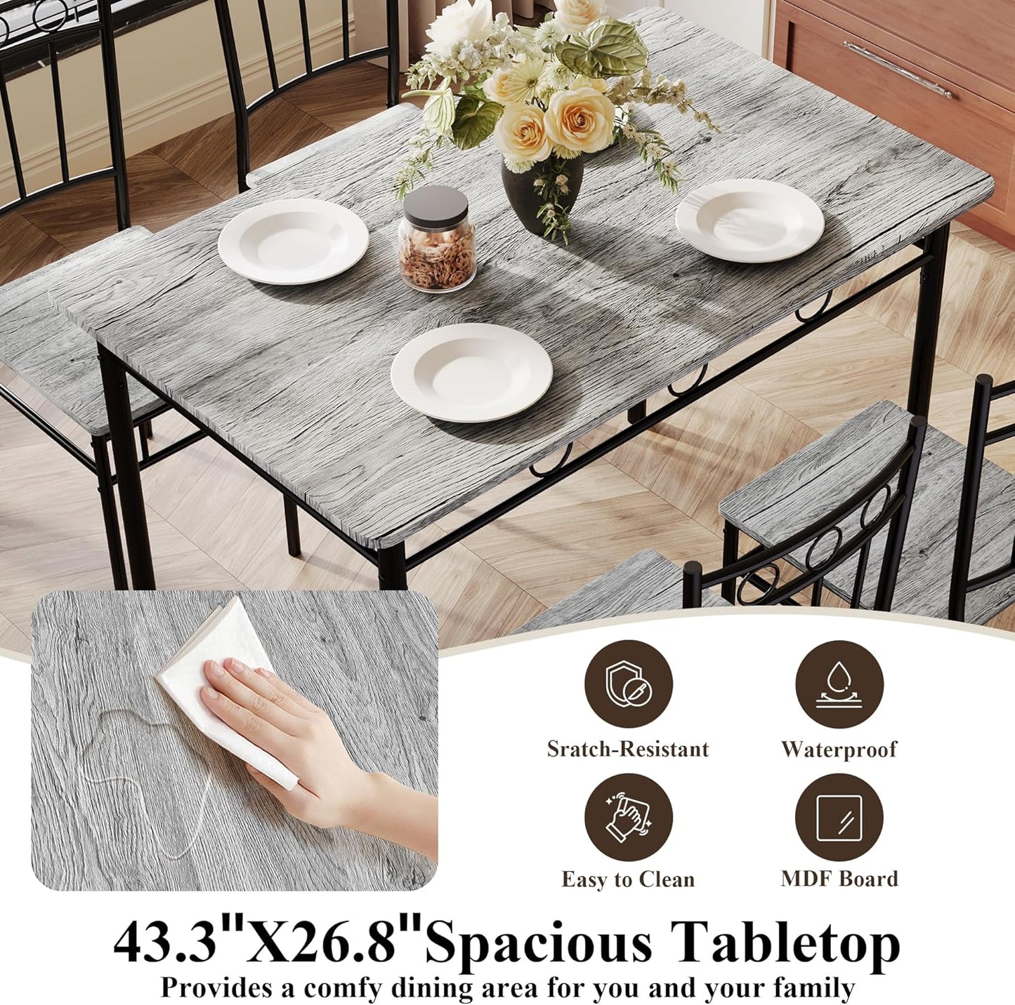 5 Piece Dining Table Set, Modern Metal&Wood Kitchen Dinner Table with 4 Chairs, Dining Room Table Sets for Small Spaces, Gray