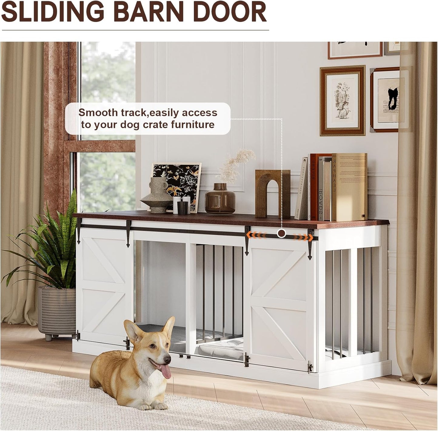 Dog Crate Furniture - Indoor Wooden Dog Kennel Furniture with Room Divider - 71"X23.6"X31.5"H, White