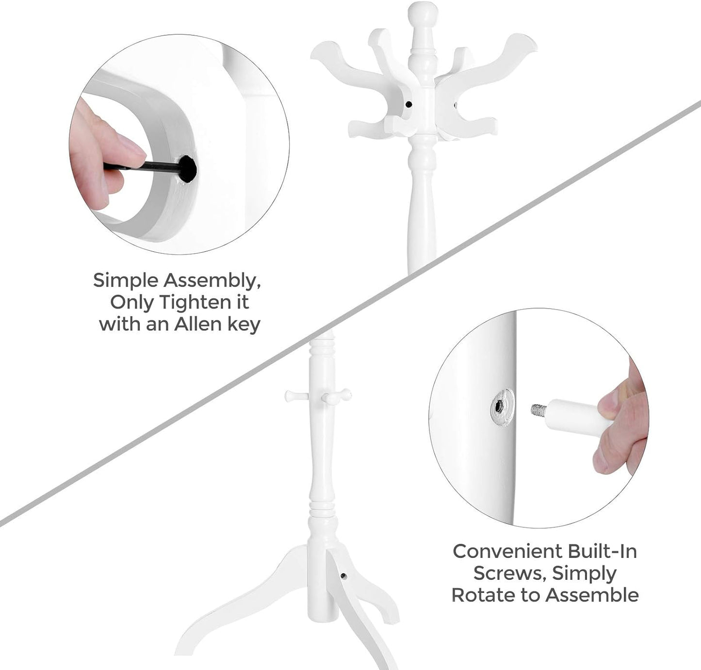 Coat Stand, Solid Wood Freestanding Coat Rack with 11 Hooks, Hall Tree for Bags, Purses, Hats, for Entryway, Hallway, Rubberwood, White URCR005W02