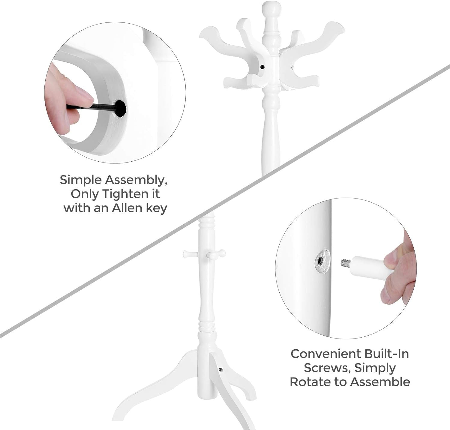Coat Stand, Solid Wood Freestanding Coat Rack with 11 Hooks, Hall Tree for Bags, Purses, Hats, for Entryway, Hallway, Rubberwood, White URCR005W02