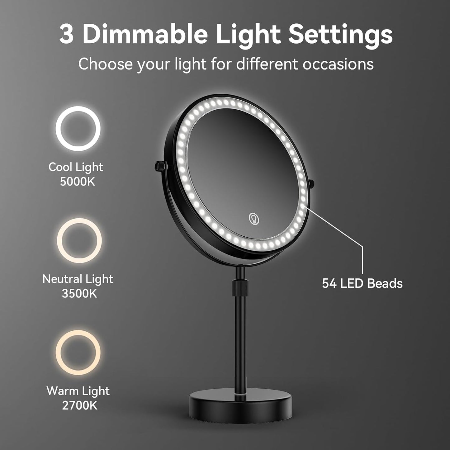 LED Lighted Makeup Mirror Tabletop, 1X/5X Magnifying Mirror with 3 Color Lights, Brightness Adjustable Height Adjustable, Black