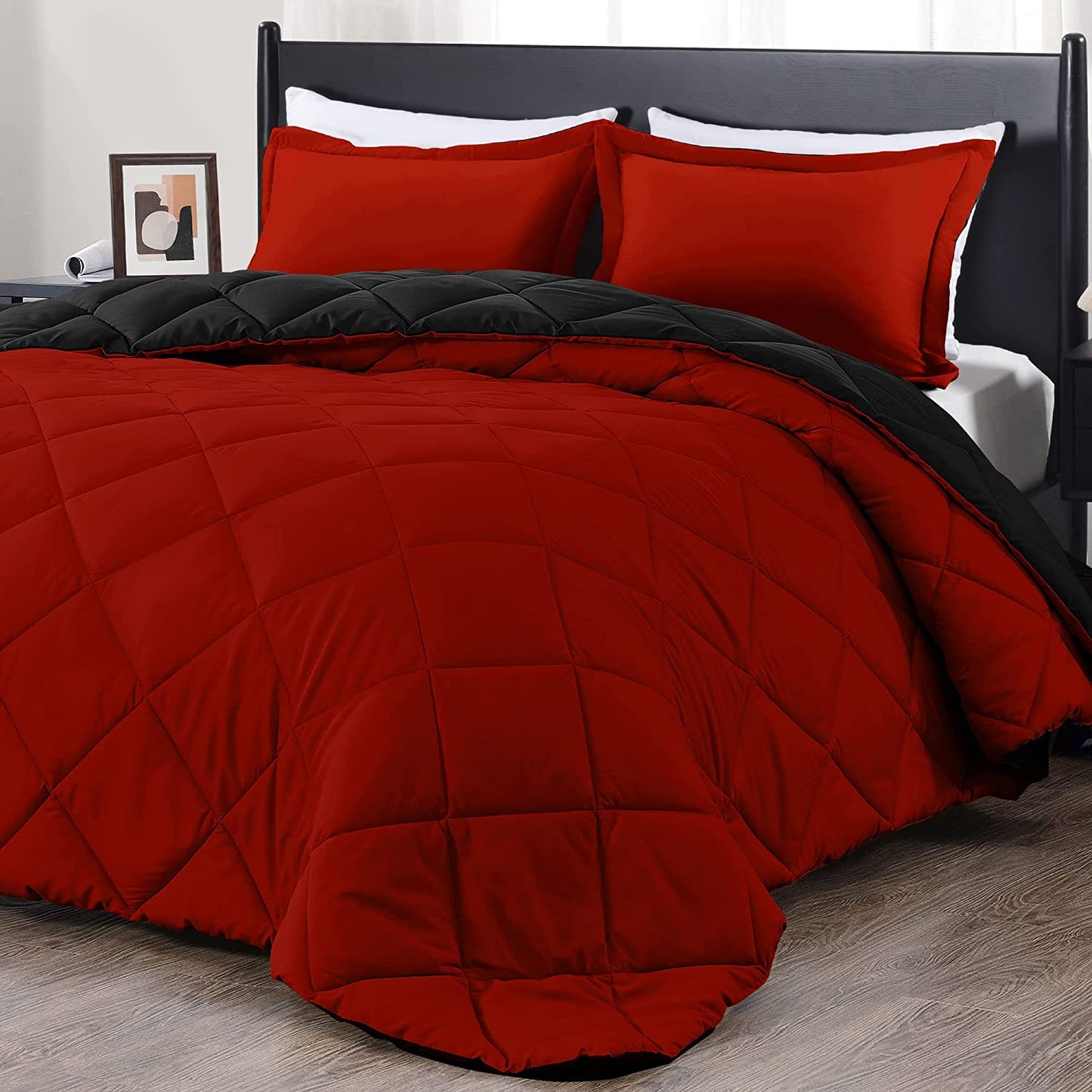 King Size Comforter Set - Red and Black King Comforter, Soft Bedding Sets for All Seasons - 3 Pieces - 1 Comforter (104"X92") and 2 Pillow Shams(20"X36")