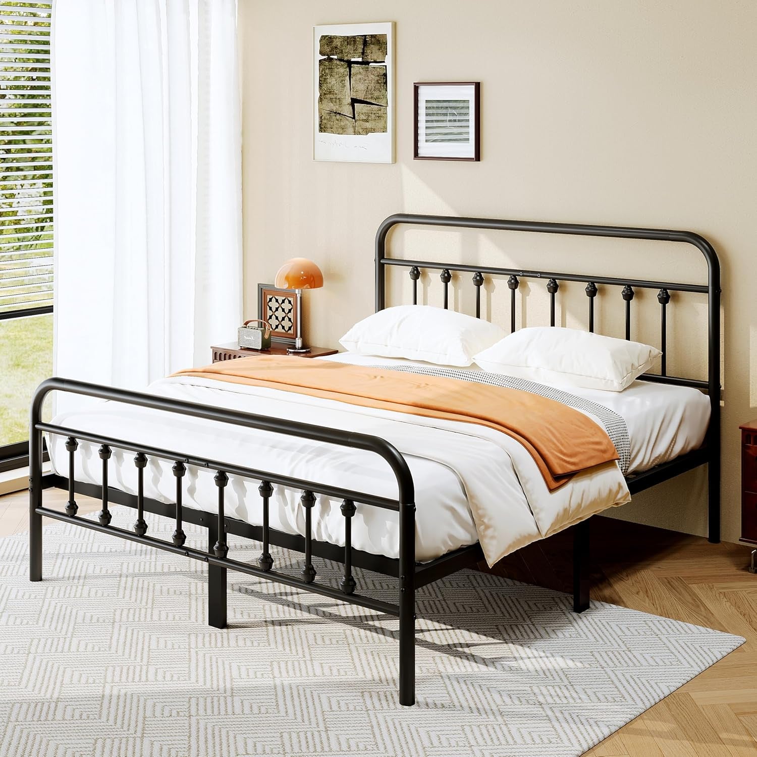 Queen Size Metal Platform Bed Frame/Victorian Style Headboard and Footboard/Steel Slat Support/Easy Assembly/No Box Spring Needed/Underbed Storage/Noise Free/Black
