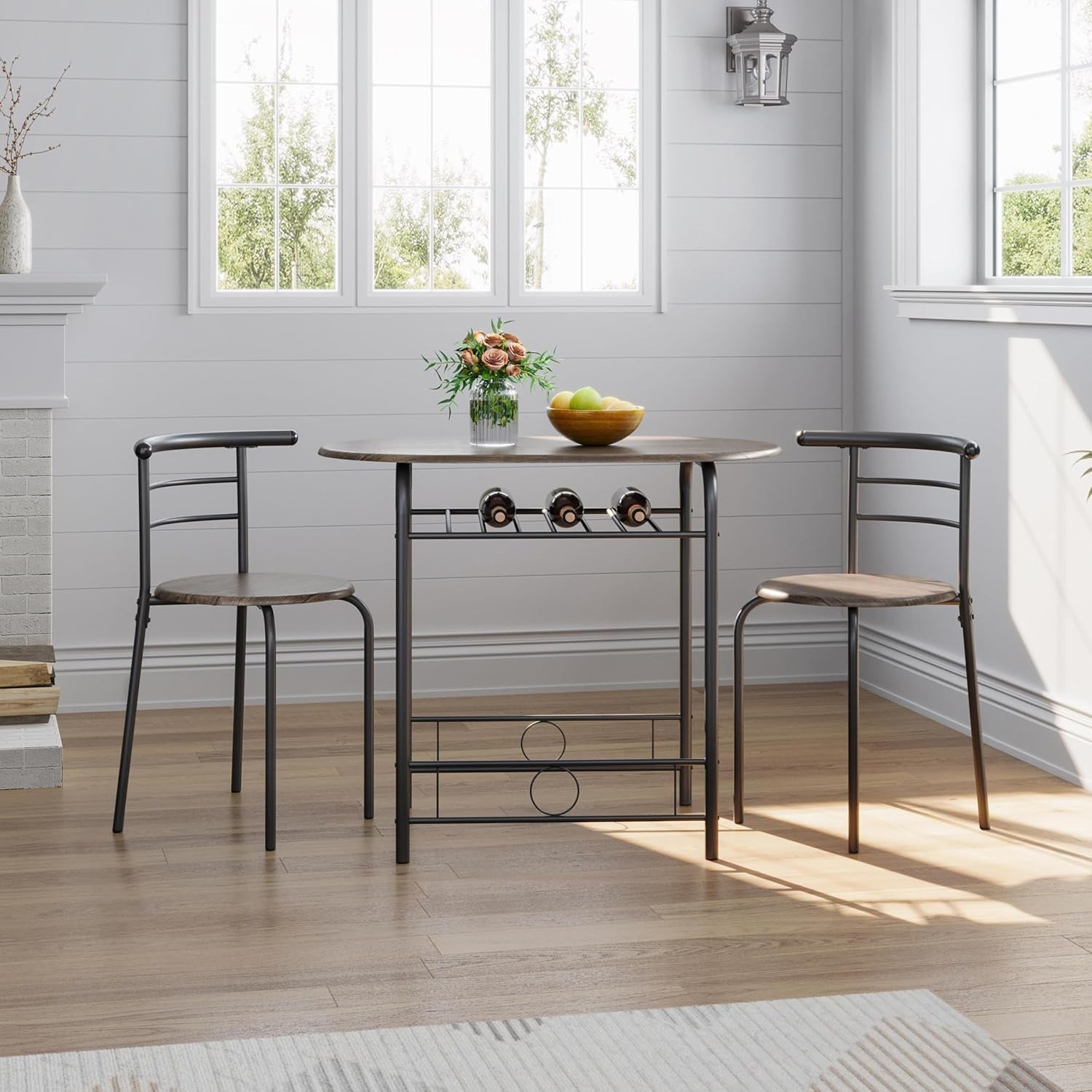 3 Piece Dining Table Set, Kitchen Table & Chair Sets for 2, Compact Bistro Table Set with Steel Legs, Built-In Wine Rack for Small Space, Apartment, Breakfast Nook, Drift Brown