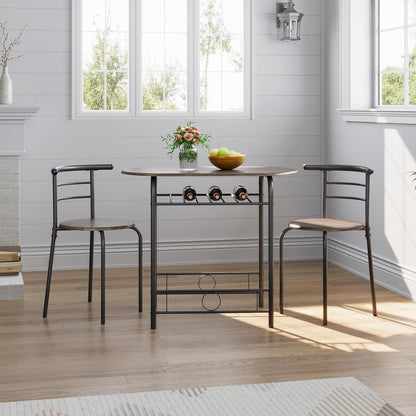 3 Piece Dining Table Set, Kitchen Table & Chair Sets for 2, Compact Bistro Table Set with Steel Legs, Built-In Wine Rack for Small Space, Apartment, Breakfast Nook, Drift Brown