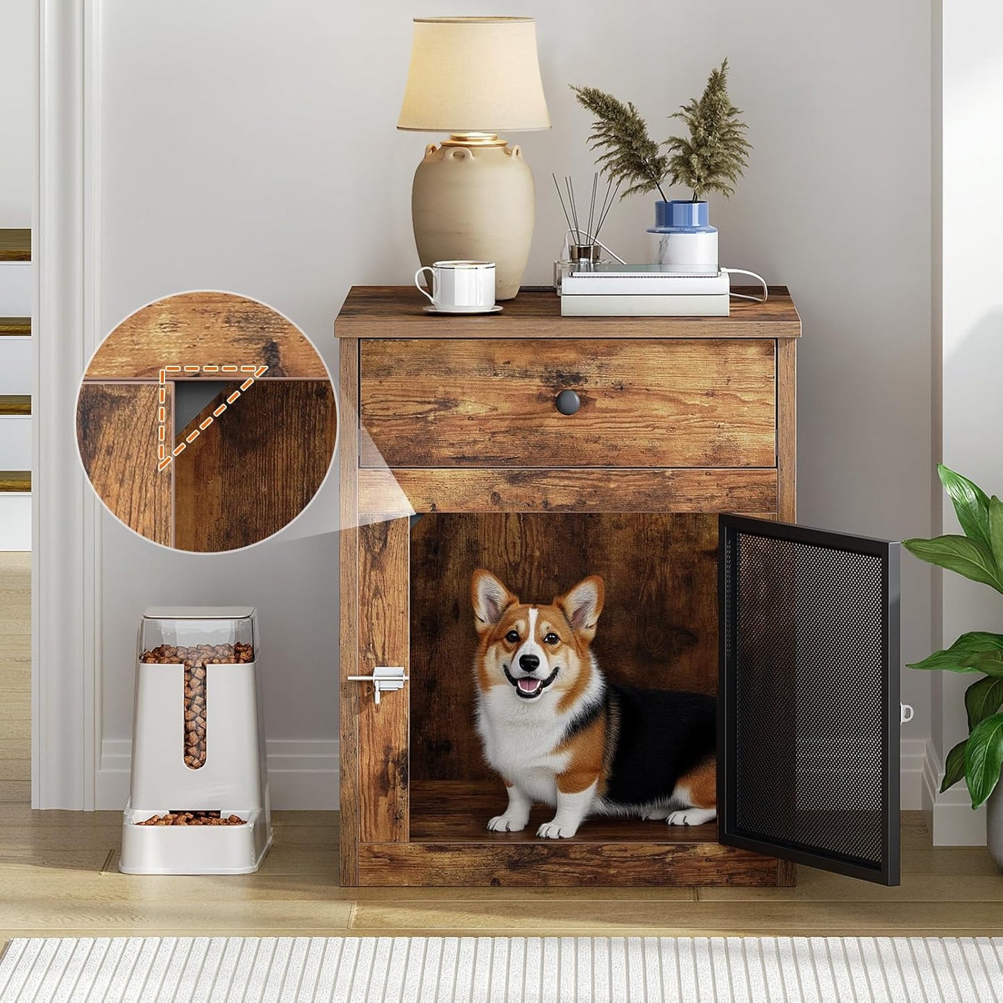 Dog Crate Furniture, Dog Kennel with Drawer and Charging Station, Indoor Decorative Puppy House, Wooden Pet Crate End Table for Small Dogs, Rustic Brown and Black BF58UGW03G1