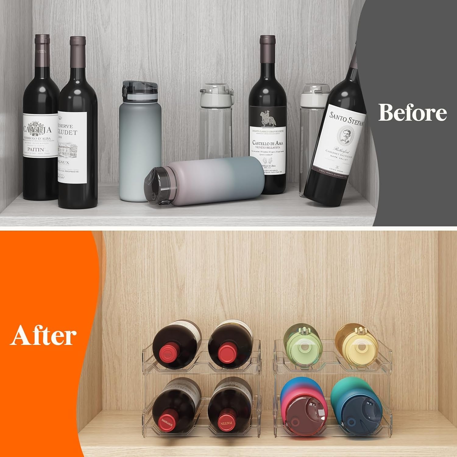 Plastic Stackable Wine Rack for Refrigerator, Cabinet, Countertop,Wine Bottle Holder, Water Bottle Organizer for Fridge, Pantry, Hold 4 Bottles