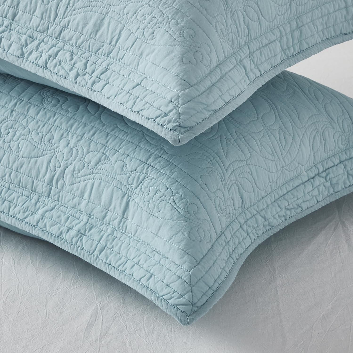 100% Cotton Quilted Pillow Sham Floral Printed Pillow Cover King Size (Baby Blue)